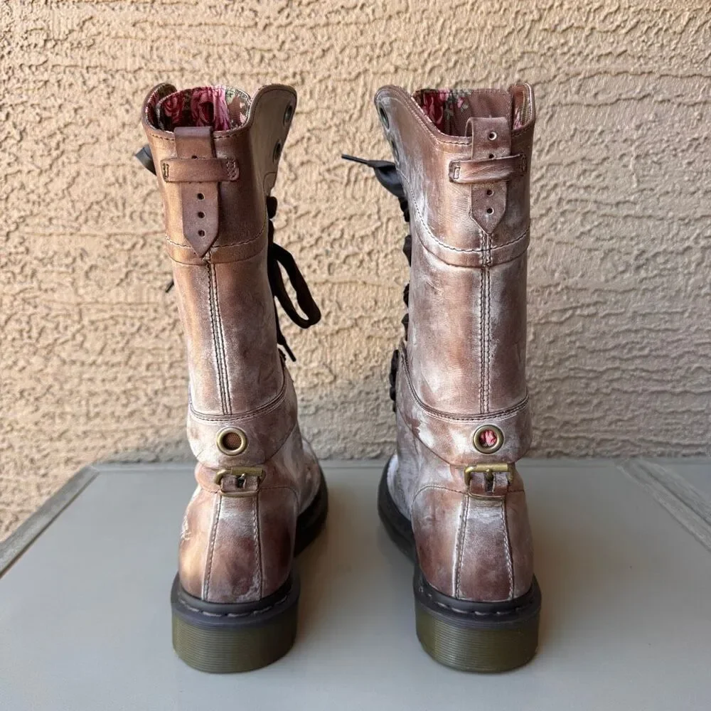 NEW Dr. Martens Triumph Boots Womens Sz 8 Brown Pink Floral Foldover Tall Combat - Picture 4 of 16